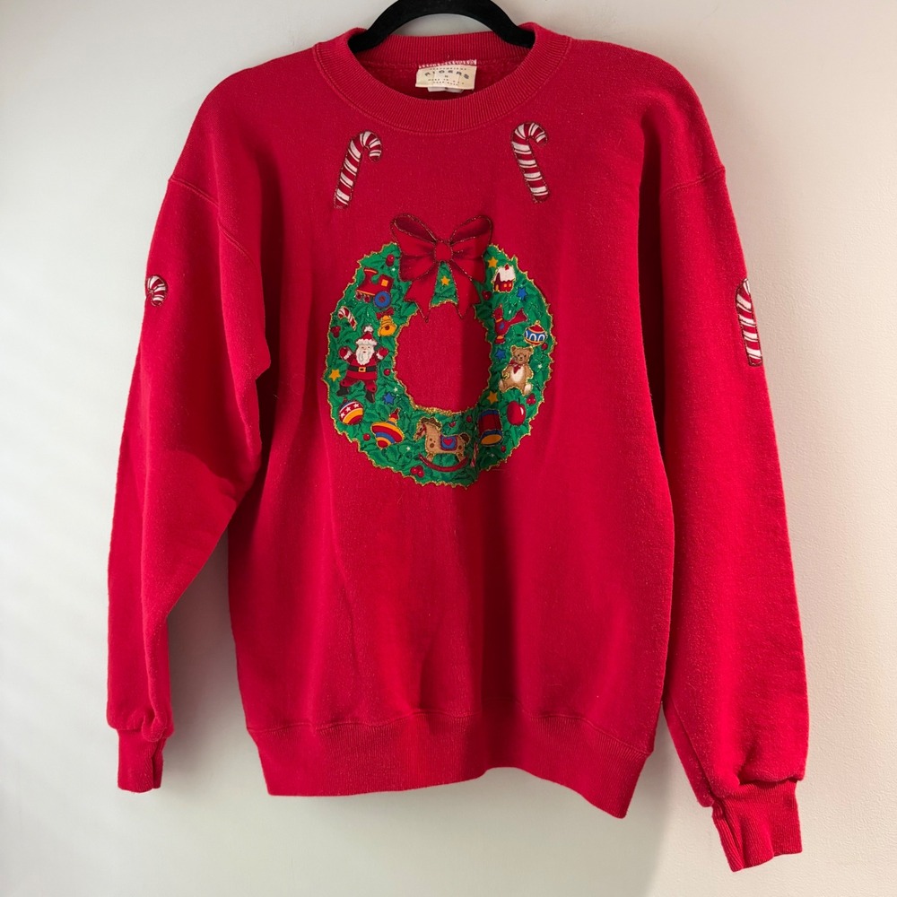 Riders Christmas Wreath Sweatshirt Mens Medium Red Good Vintage 90s USA Made